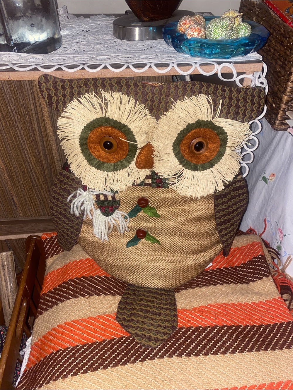 Retro boho decor- Owl Decorative Pillow - Brown, Tan, Green
